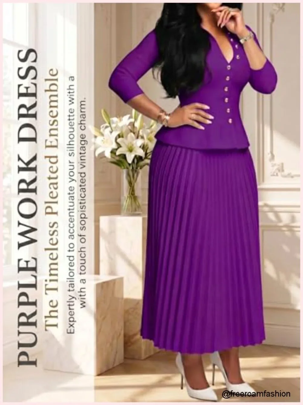 Women 2 Piece Skirt Set 3/4 Sleeve Top Pleated Maxi Skirt Outfit Church Wedding